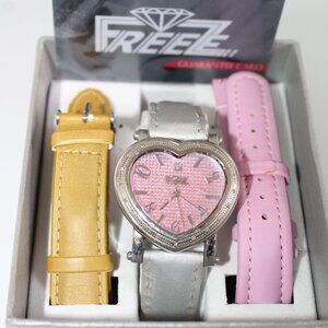 Freeze Womens Heart Shaped Diamond Watch Pink W/Silver, Gold, Pink Bands